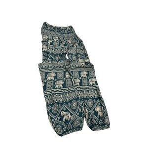 Banjamath green turquoise elephant smoked waist harem hippie boho pants